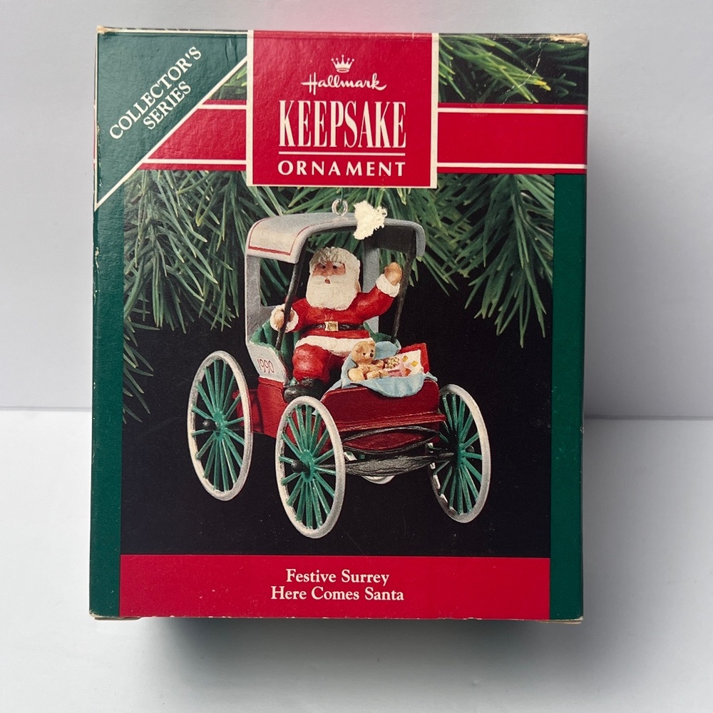 1990 Hallmark Keepsake Here Comes Santa Festive Surrey ornament in box